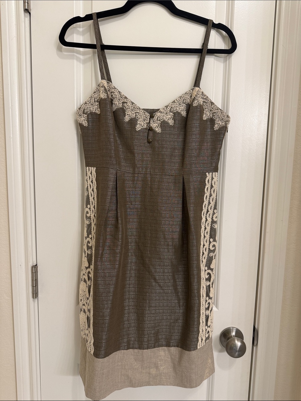 Moulinette Soeurs Taupe Dress with Cream Lace Insets